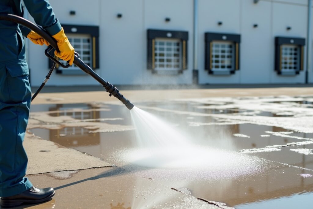 Professional using a hot water pressure washer to clean an industrial surface, removing grease and dirt with high-pressure hot water.