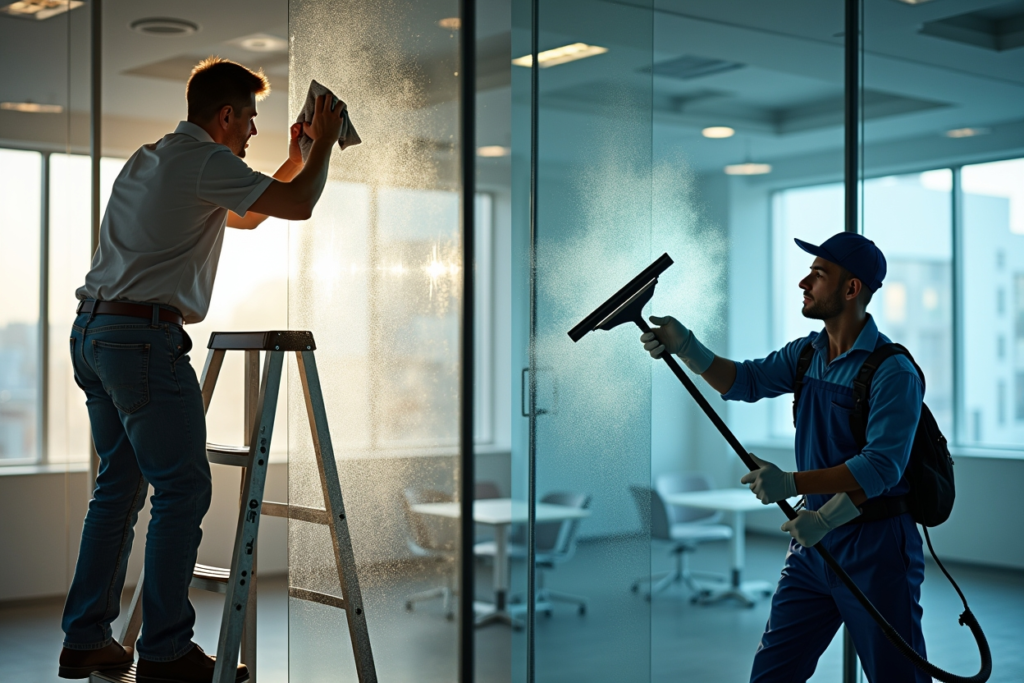 A professional cleaner using a squeegee to clean storefront windows, transforming dirty windows into a spotless, sparkling glass surface.