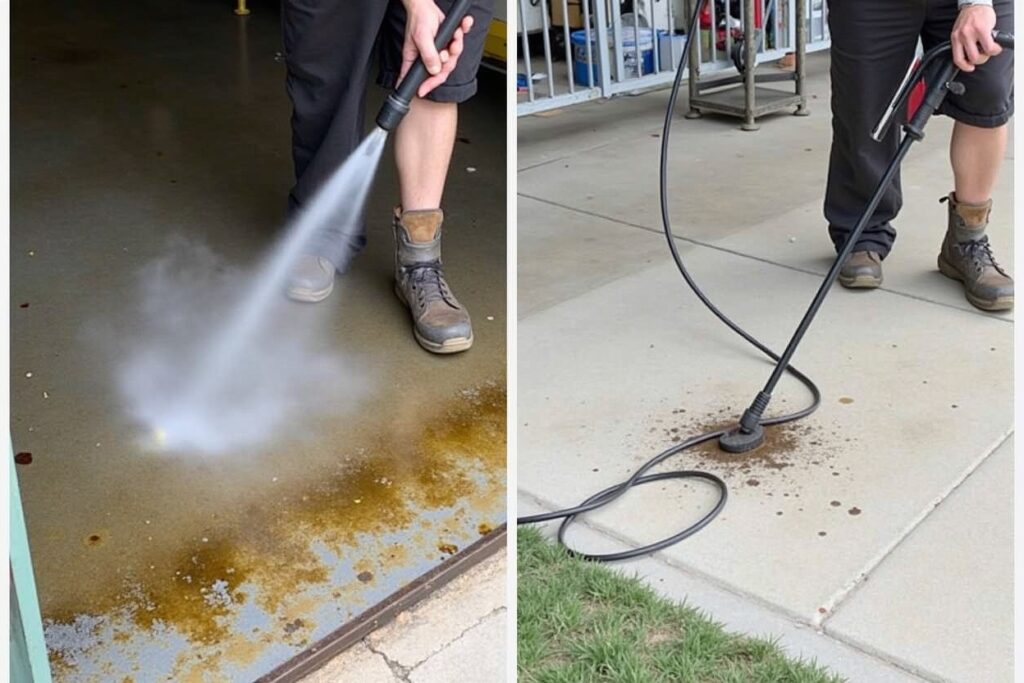 Comparison of hot and cold water pressure washers cleaning dirt and grime from a garage floor and concrete pavement.